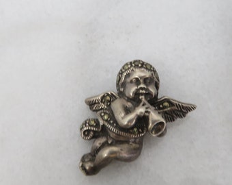 Vintage Sterling Silver Angel Marcasite Pendant.