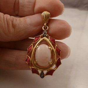 Vintage Sterling Pink Agate Enamel Rose Cut diamond Modernist Pendant.