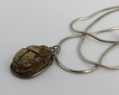 Antique Egyptian Revival Sterling Scarab Beetle Pendant Necklace.