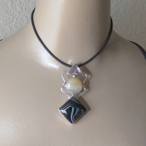 Vintage Sterling Silver Amethyst Agate Pendant Large.