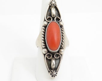 Vintage Sterling Silver Navajo Coral Ring Signed sz 9. 2 inchs long.