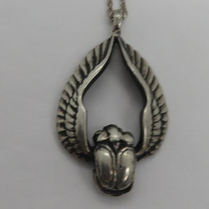 Vintage Egyptian Winged Scarab Sterling Silver Long Necklace.