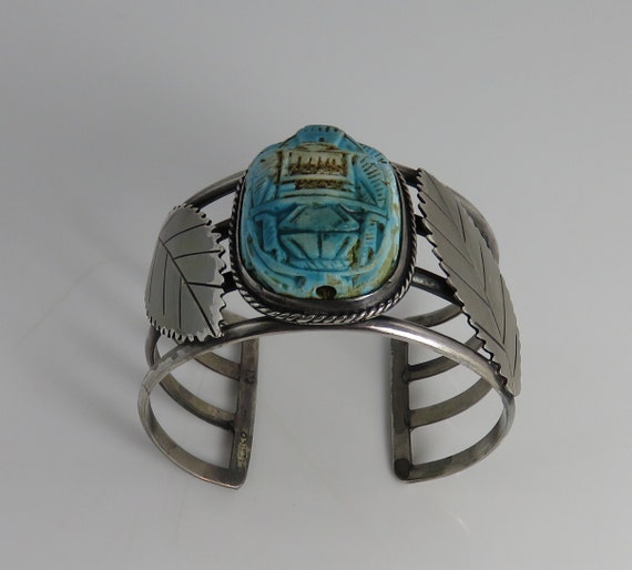 Vintage Sterling Silver Scarab Beetle Cuff Bracel… - image 3