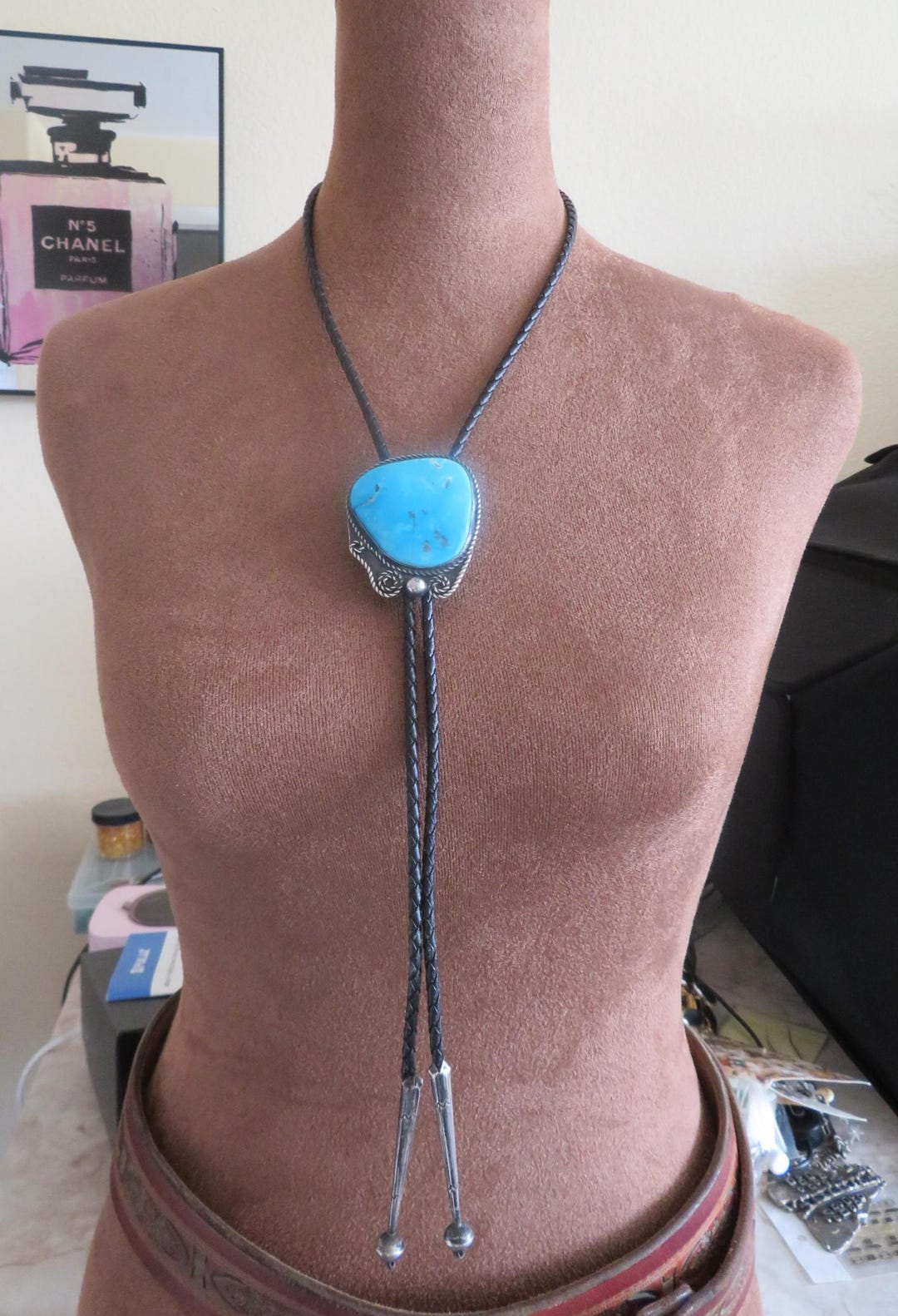 Vintage Sterling Silver Signed Navajo Bolo Tie Turquoise Stone Necklace ...