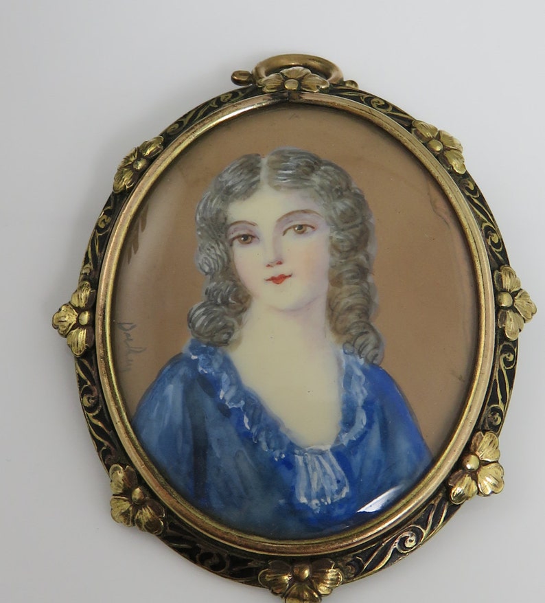 Victorian GF Painted Girl Brooch Pendant German 1900's image 3