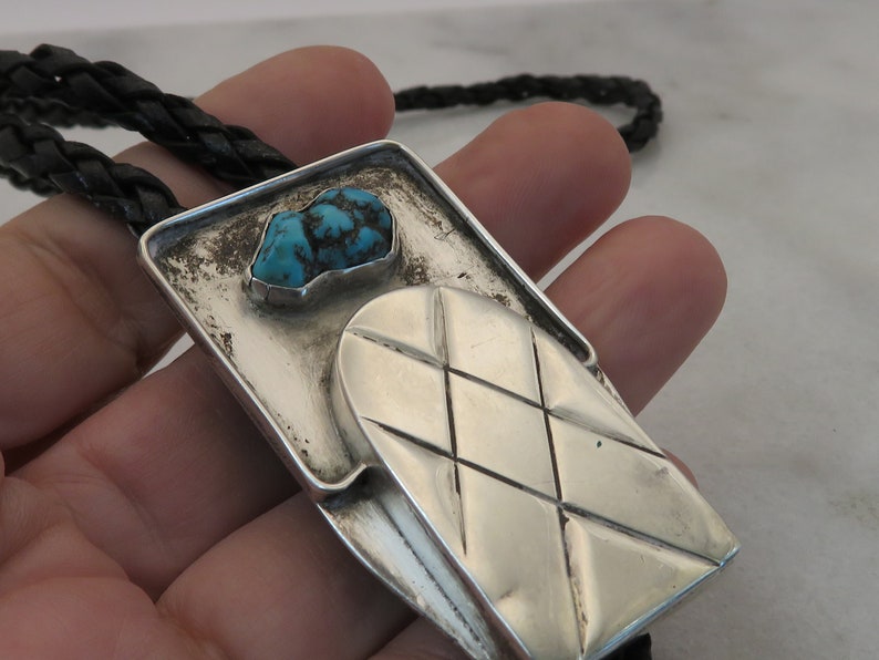Vintage Sterling Silver Navajo Bolo Tie Turquoise Stone Necklace Thomas ...