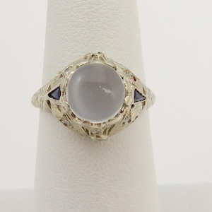 Art Deco Platinum Moonstone Diamond Sapphire Engagement. sz 6.5.
