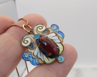 Art Nouveau Gilded Silver Enamel Garnet Pendant Necklace.