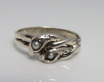 Vintage Sterling Silver Pearl Double Snake Ring sz 6.75.