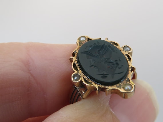 Victorian Intaglio 14k Blood Stone Pearl Ring. si… - image 1