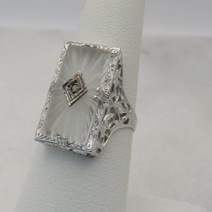 Art Deco 10k Rock Crystal Diamond Filigree Ring Big.