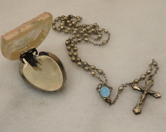 Vintage 800 Silver Filigree Rosary With Cross in Round Box - 1960s