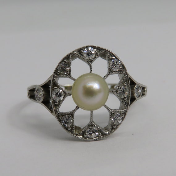 Edwardian Platinum Pearl Diamond Ring sz 6.