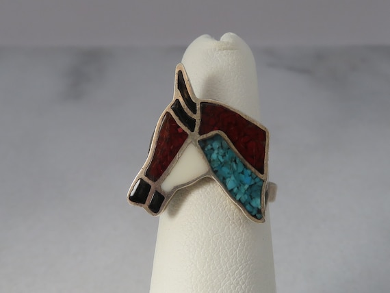 Vintage Zuni Inlay Horse Ring sz 5.75. - image 1