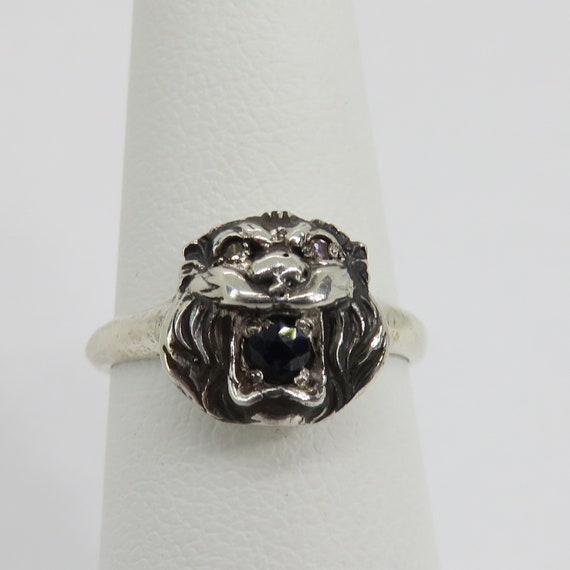 Vintage Sterling Silver Sapphire Diamond Lion Fac… - image 1