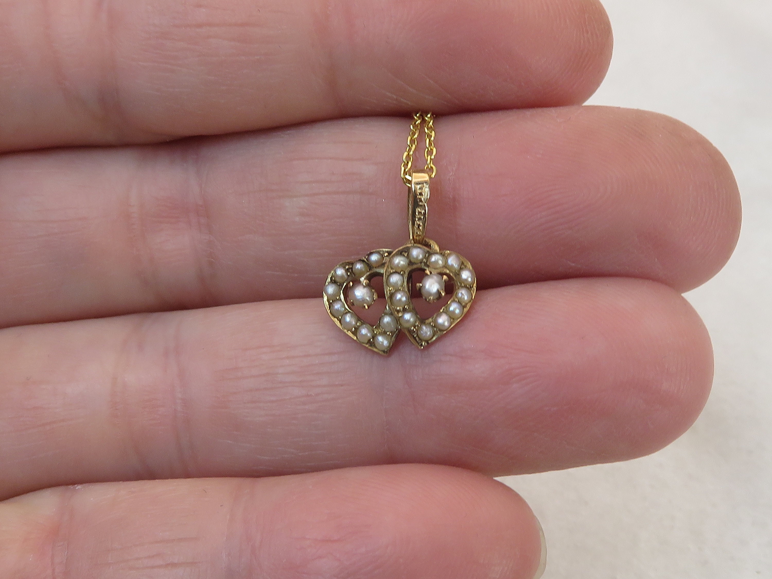 Antique 14k Tiny Double Heart Pearl Pendant Necklace. - Etsy