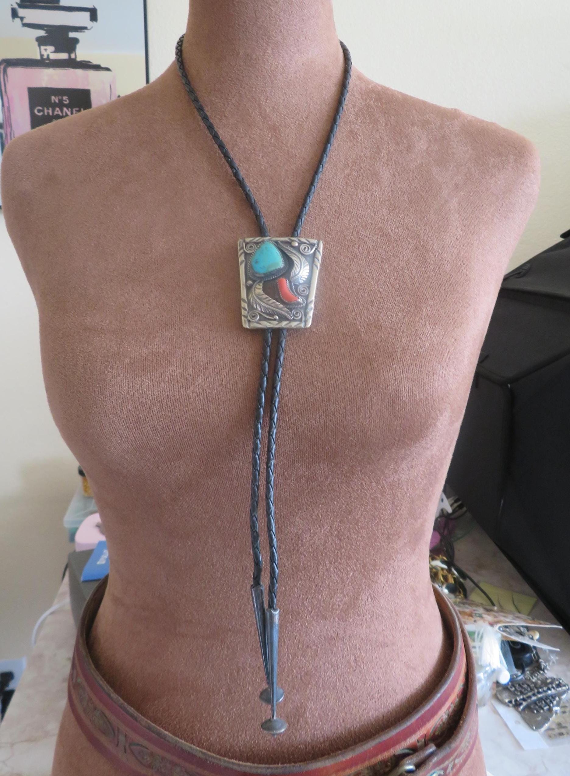 Vintage Sterling Silver Navajo Bolo Tie Turquoise Coral Stone Necklace ...