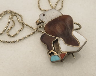Vintage Zuni Signed Eagle Pendant Necklace Sterling Silver