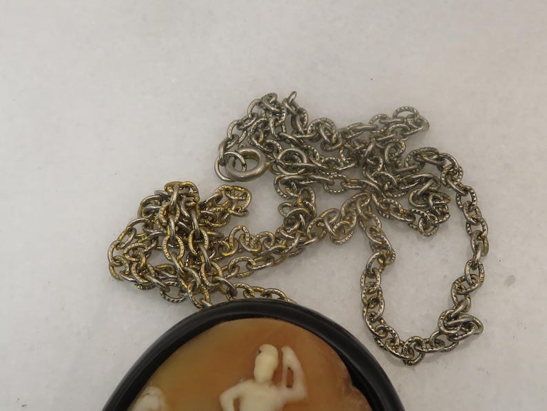 May include: A vintage cameo pendant necklace featuring a detailed relief carving of a classical figure. The pendant is set in a black frame and hangs from a silver-tone chain. The cameo has a light brown background with white figures.