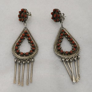 Vintage Sterling Silver Coral Zuni Dangle Earrings.