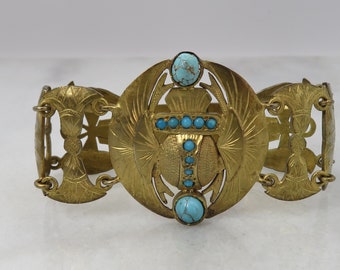 Antique Egyptian Revival Sterling Turquoise Scarab Bracelet.