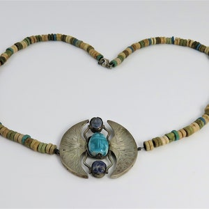 Estate Egyptian Revival 20&#39;s Sterling Lapis Winged Scarab Pendant Necklace.