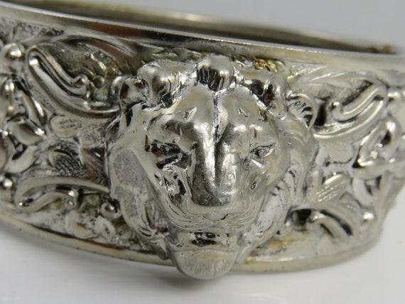 Antique Vintage  Silver Tone Lion Face Bangle Bra… - image 3