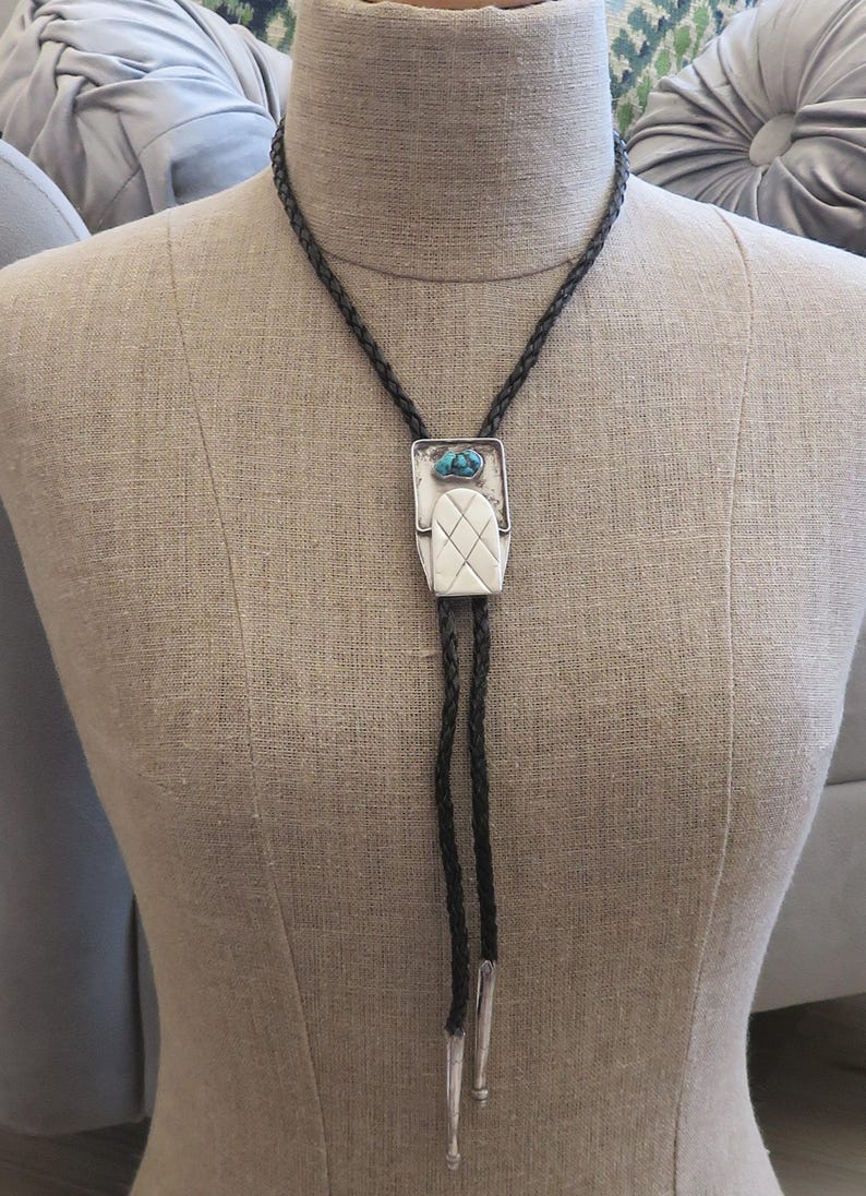Vintage Sterling Silver Navajo Bolo Tie Turquoise Stone Necklace Thomas ...
