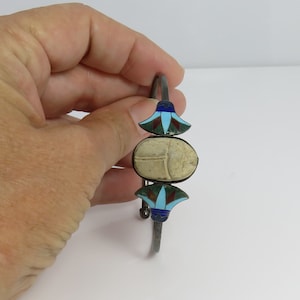 Antique Egyptian Revival Sterling Silver Enamel Scarab Bracelet. Old Egyptian Hallmarks