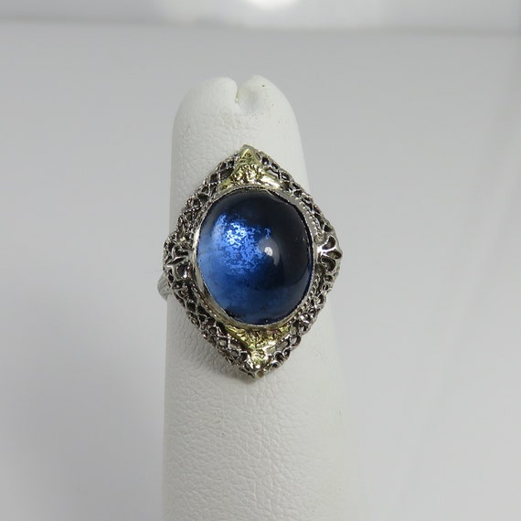 Art Deco 14k Filigree Sapphire Glass Ring Ring sz… - image 1