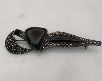 Vintage Sterling Silver Onyx Marcasite Brooch Pin.