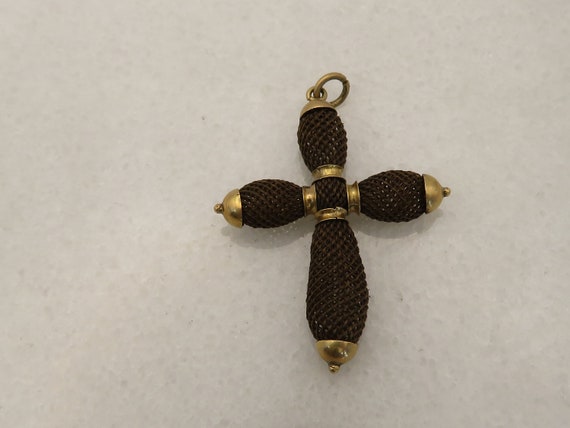 Victorian 14k Woven Hair Mourning Cross Pendant. - image 2