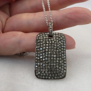 Vintage Sterling Silver Diamond Dog Tag Pendant Necklace.
