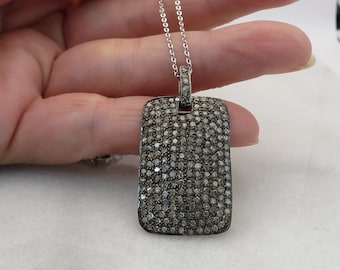 Vintage Sterling Silver Diamond Dog Tag Pendant Necklace.