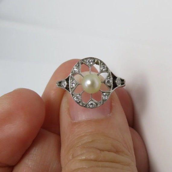 Edwardian Platinum Pearl Diamond Ring sz 6. - image 5