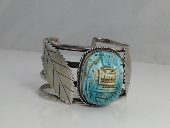 Vintage Sterling Silver Scarab Beetle Cuff Bracel… - image 1