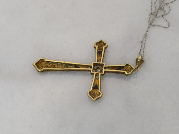 Art Deco 18k/14k Diamond Sapphire Cross Pendant N… - image 4
