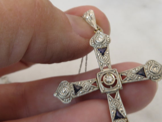 Art Deco 18k/14k Diamond Sapphire Cross Pendant N… - image 6
