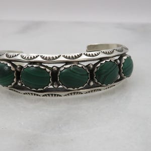 Vintage Sterling Silver Navajo Malachite Cuff Bracelet Artist Larry Yazzie.