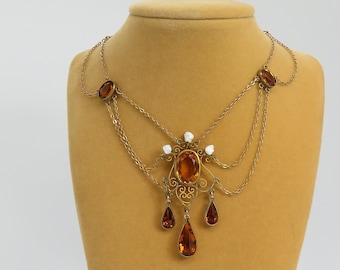 Antique Victorian GF Pearl Citrine Glass Festoon Necklace.