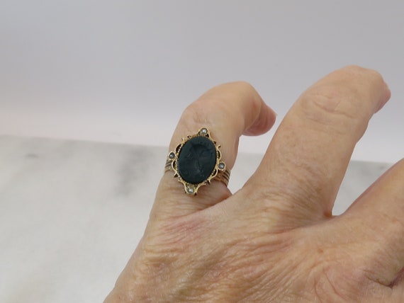 Victorian Intaglio 14k Blood Stone Pearl Ring. si… - image 2