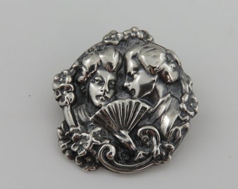 Antique Sterling Silver Art Nouveau Oriental Girls Repousse  Brooch Pin.