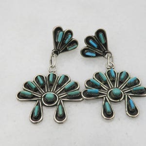 Vintage Zuni Sterling Silver Turquoise Dangle Earrings. Artist Signed C.Q.