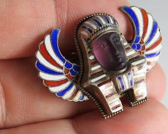 Antique 800 Silver Egyptian Revival Enamel Pharaoh Brooch Pin. Rare.