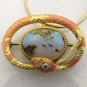 Art Nouveau 14k Enamel Diamond Opal Snake Pendant Necklace. image 1