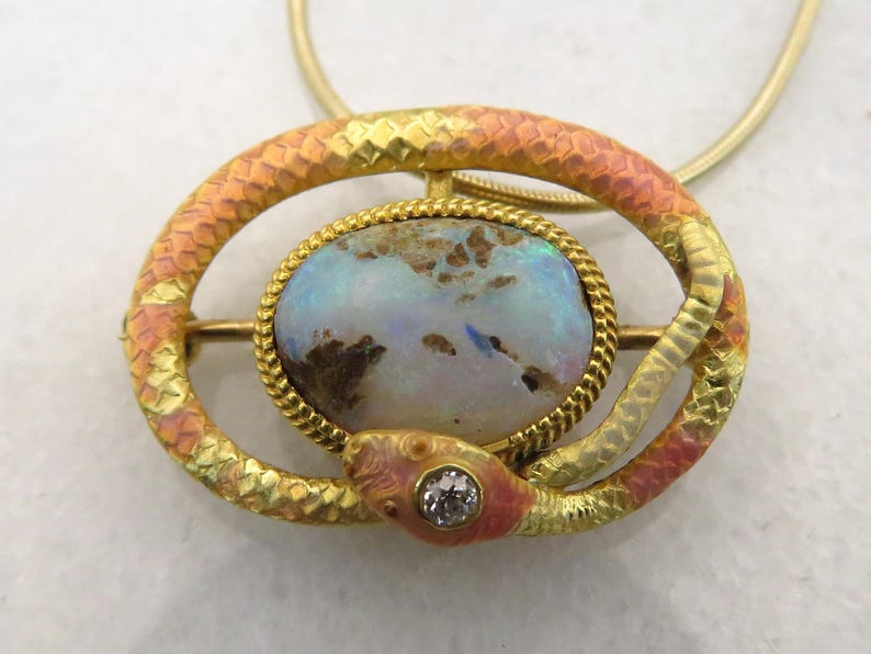 Art Nouveau 14k Enamel Diamond Opal Snake Pendant Necklace. image 1