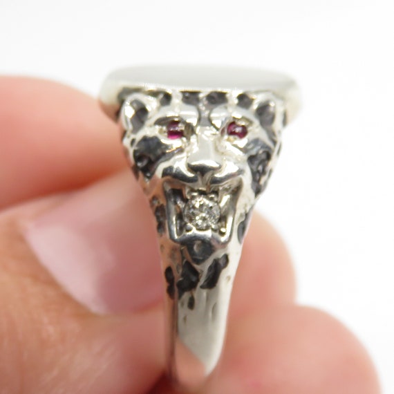 Vintage Sterling Silver Lion Ring Diamond Ruby Em… - image 1
