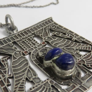 Egyptian Revival Lapis Scarab Pendant Necklace. Sterling Silver Old Egyptian Hallmarks.
