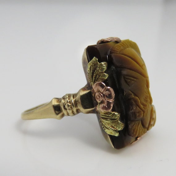 Vintage Intaglio 10k Gold Cameo Tigers Eye Stone Ring. 1940's Sz