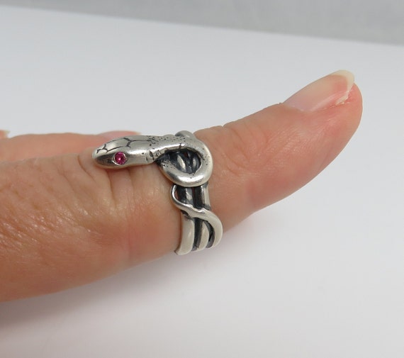 Vintage Sterling Silver Ruby Snake Ring Band sz 5… - image 2